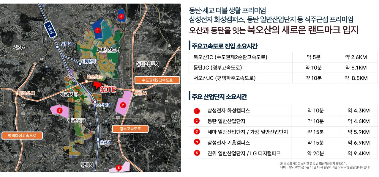 오산 내삼미동 북오산자이 드포레 광역 위치도와 동탄 방면 고속도로 소요시간